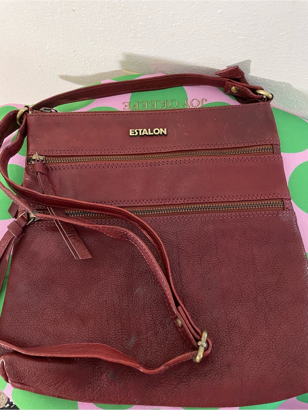 Estalon Leather Crossbody Bag with Multi Zip Pockets, Burgundy